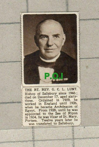 C1659) Rev G C L Lunt Bishop of Salisbury Obituary 1949 Clip SMALL!