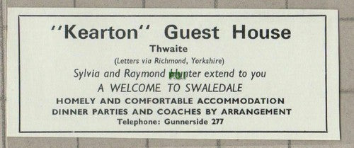(C580) Kearton Guest House Thwaite Sylvia & Raymond Hunter - c.1960s Cutting