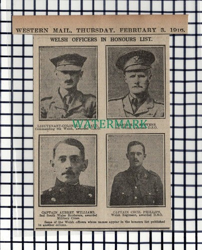 C7203) Aubrey Williams 2nd South Wales Cecil Phillips Welsh Reg - 1916 Cutting
