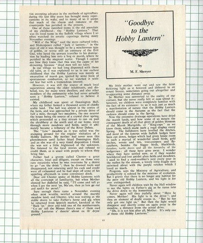 MF Sheryer Dennington Hall Suffolk Hobby Lantern - 1974 Article