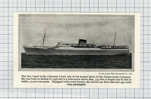 Capetown Castle Ship Union Castle Company Liner - c.1950s Cutting / Print