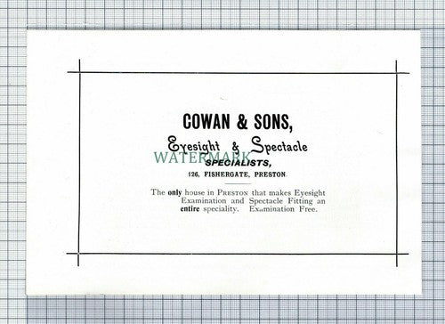 C7415) PRESTON Cowan & Sons Eyesight Spectacle Advert - 1902