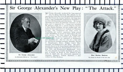 C6014) Sir George Alexander Play THE ATTACK Miss Martha Hedman - 1914 Cutting