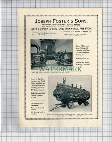 JOSEPH FOSTER & SONS PRESTON IRONWORKS - 1922 ADVERT