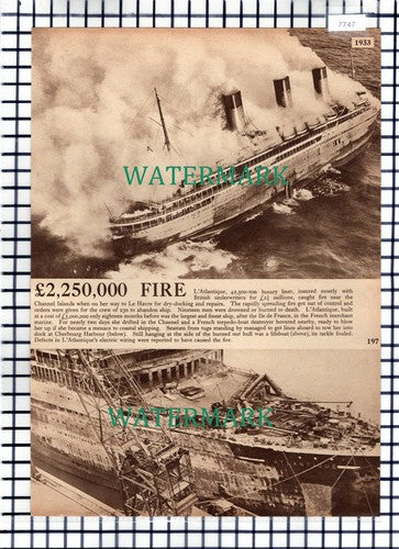 (7747) L'Atlantique Ship Fire Cherbourg Harbour - c.1939 Cutting