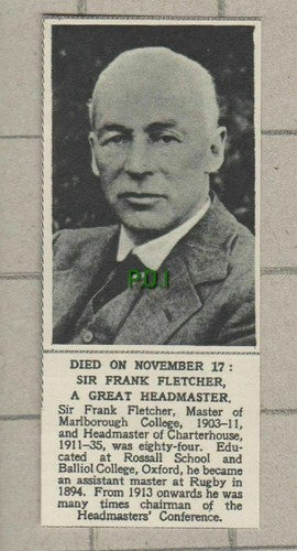 Sir Frank Fletcher Marlborough College Obituary - SMALL 1954 News Clipping