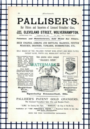 C6410) Palliser's Bar Fitters Wolverhampton Advert - 1906 Cutting