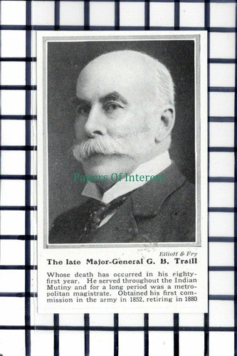 C5990) Major Gen G B Traill Obituary - 1913 Cutting SMALL!