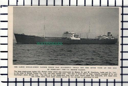 C6807) The SS BRITISH TALENT Tanker Ship - 1952 Cutting