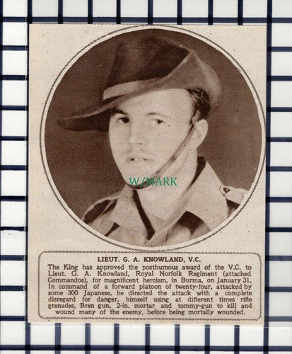 C6234) Lieut G A Knowland Royal Norfolk Regiment Burma - 1945 Cutting