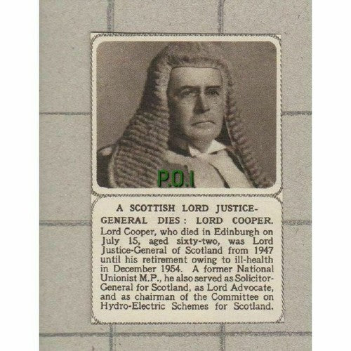 Lord Cooper Justice General of Scotland Obituary - SMALL 1955 Cutting