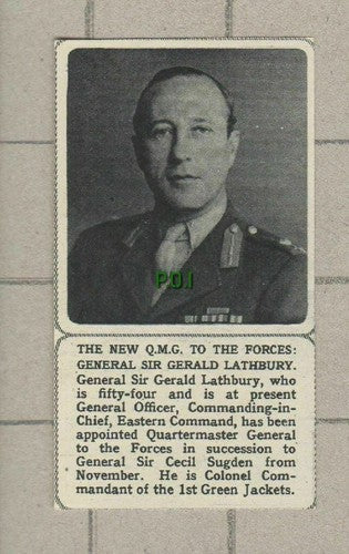 General Sir Gerald Lathbury 1st Green Jackets - SMALL 1961 News Cutting