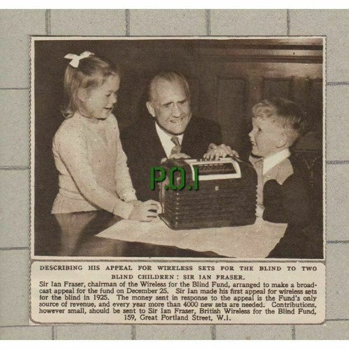 Sir Ian Fraser Chairman of the Wireless for the Blind Fund - 1952 News Clipping