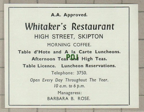 (C545) Whitaker's Restaurant Skipton Barbara B Rose - c.1960s Advert Cutting