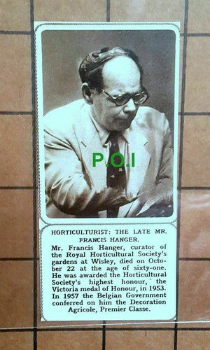 Mr Francis Hanger Royal Horticultural Society Obituary - 1961 SMALL News Clip