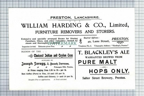 C7438) William Harding Furniture Removers Seragg PRESTON Advert - 1902 Cutting