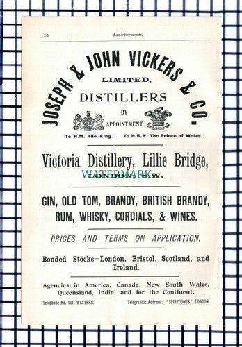 C6404) Joseph & John Vickers & Co Victoria Distillery London - 1906 Cutting