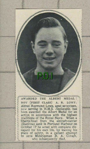 C312) Alfred Raymond Lowe HMS Implaccable Albert Medal Clough 1949 SMALL CLIP