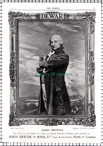 John Dewar Whisky JAMES BOSWELL Famous Scots - 1913 Large MAGAZINE ADVERT