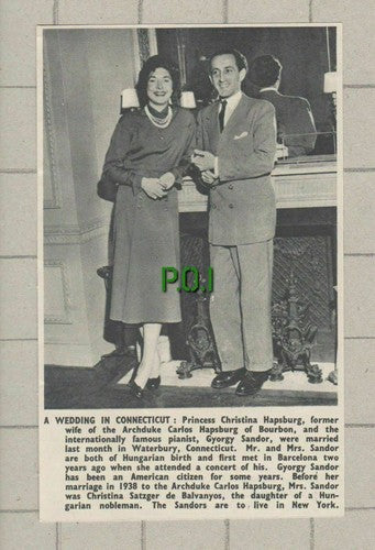 Princess Christina Hapsburg Gyorgy Sandor Pianist Wedding - 1951 News Clipping