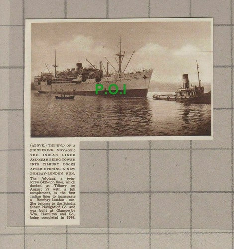 The Indian Liner JAL-AZAD Tilbury Docks Bombay To London - 1948 Clipping