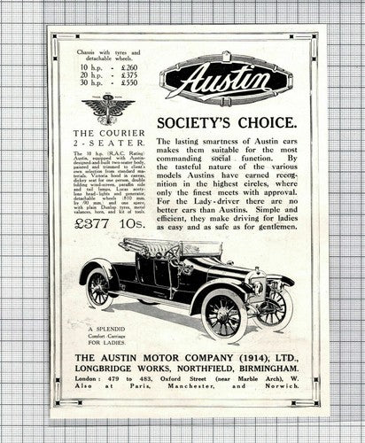 C4289) AUSTIN Motor Company Car Small ADVERT - 1914 Cutting