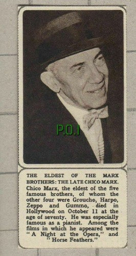 Chico Marx Brothers Obituary - Small 1961 News Clipping