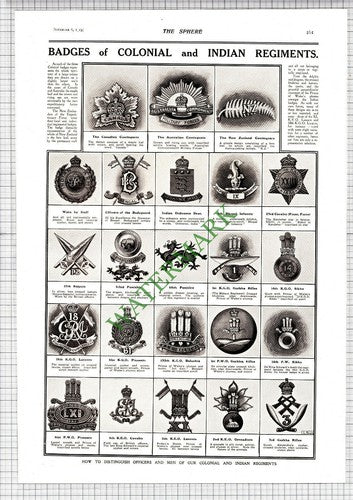 Badges Of Colonial and Indian Regiments World War One - 1915 News Page / Print
