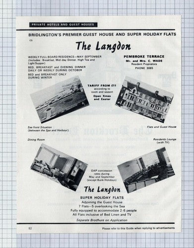 (5801) Brockton Hotel Bridlington Newby / The Langdon Guest House C Wade - 1973