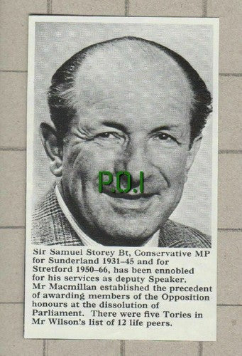 Sir Samuel Storey Conservative MP Sunderland - 1966 Small News Clipping