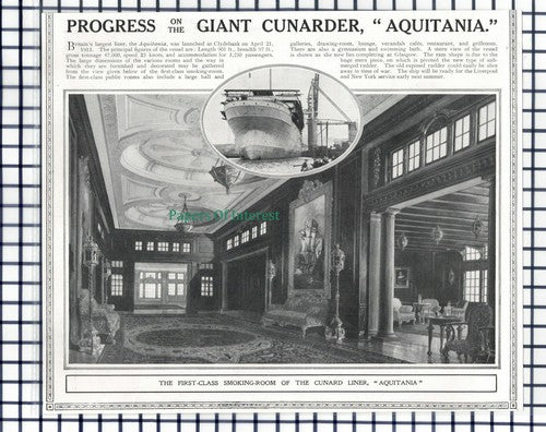 (6943) Cunard Liner Ship AQUITANIA - 1913 Cutting