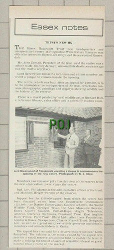 Essex Naturalist Trust Fingrinhoe Wick Lord Greenwood Rossendale - 1975 Clipping