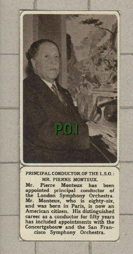 Mr Pierre Monteux London Symphony Orchestra Conductor -1961 SMALL News Clipping