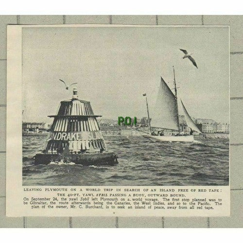 Mr C Burchard Yawl SYBIL Leaving Plymouth For World Trip - 1951 Small Cutting