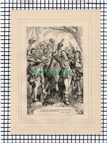 X1605) As You Like It Act IV Scene II Deer - c.1880 Shakespeare Book Print
