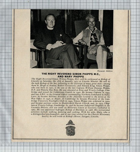 Right Reverend Simon Phipps Mary Phipps Lincoln Bishop - 1975 Clipping/ Print