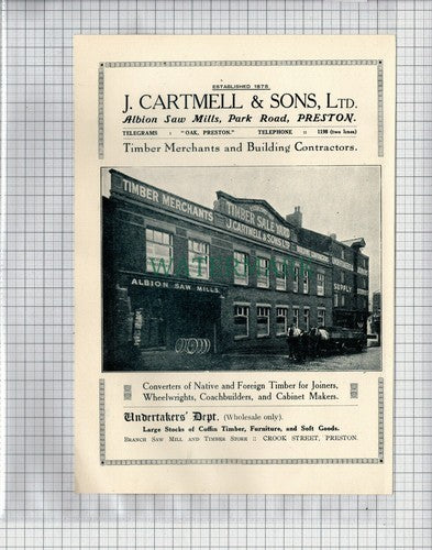 (5287) J CARTMELL & SONS ALBION SAW MILLS PRESTON ADVERT - 1922 Cutting