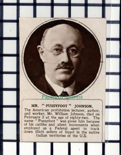 C5782) Mr Pussyfoot William Johnson Prohibition US Obituary - 1945 SMALL Cutting