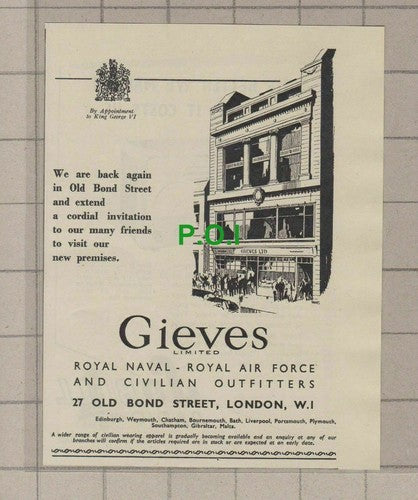 C2357) Gieves Limited Outfitters Old Bond Street London Small Advert - 1947 Clip