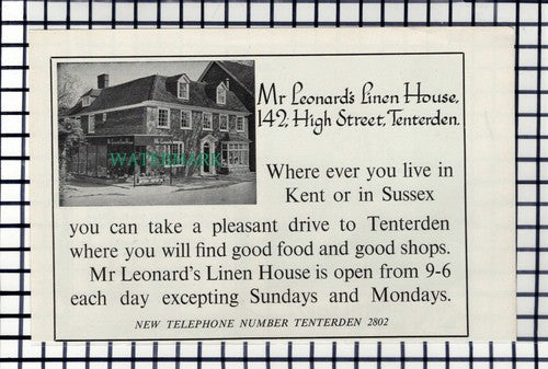 C7388) Mr Leonard's Linen House Tenterden Advert - 1960s Cutting
