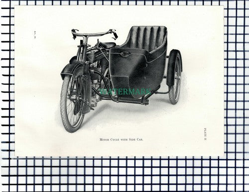 (7211) PAPER ITEM! Motor Cycle With Side Car - c.1915 PRINT/ Illustration