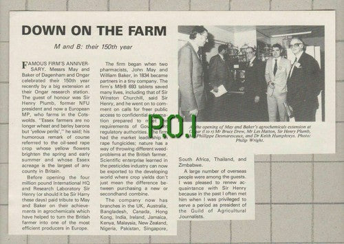 May & Baker Dagenham Essex Sir Henry Plumb Phillippe Desmarescaux 1984 Clipping