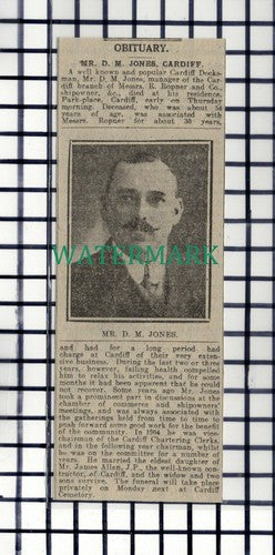 C6957) Mr D M Jones Cardiff Messrs R Ropner & Co Shipowner Obituary 1916 Cutting