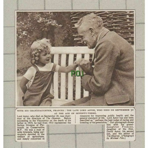 Lord Astor With Granddaughter Frances David Astor Obituary - 1952 News Clipping