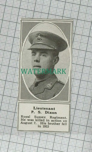 C1926) Lieut P S Dixon Royal Sussex Regiment World War One - 1918 Clip SMALL