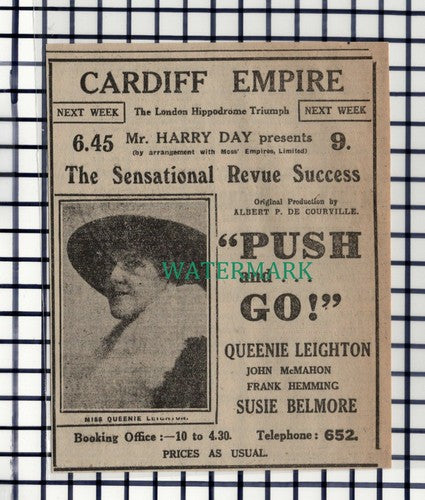 C7005) Cardiff Empire Queenie Leighton Advert - 1916 Cutting