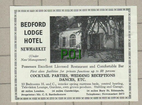 (4635) Bedford Lodge Hotel Newmarket Mr C E Bartholomew - 1954 Clip