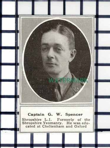 C6629) Capt G W Spencer Shropshire LI World War One WW1 - 1918 SMALL Cutting