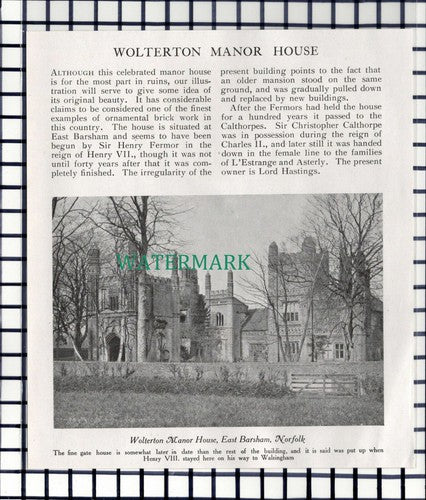 C6773) Wolterton Manor House East Barsham Norfolk Lord Hastings - 1909 Cutting