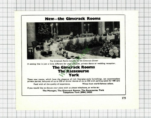 The Gimcrack Rooms York Racecourse Advert - 1971 Cutting